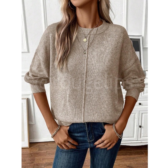 Beige Knit Pullover Loose Fit Sweater Long Sleeve Drop Shoulder - Picture 2 of 7